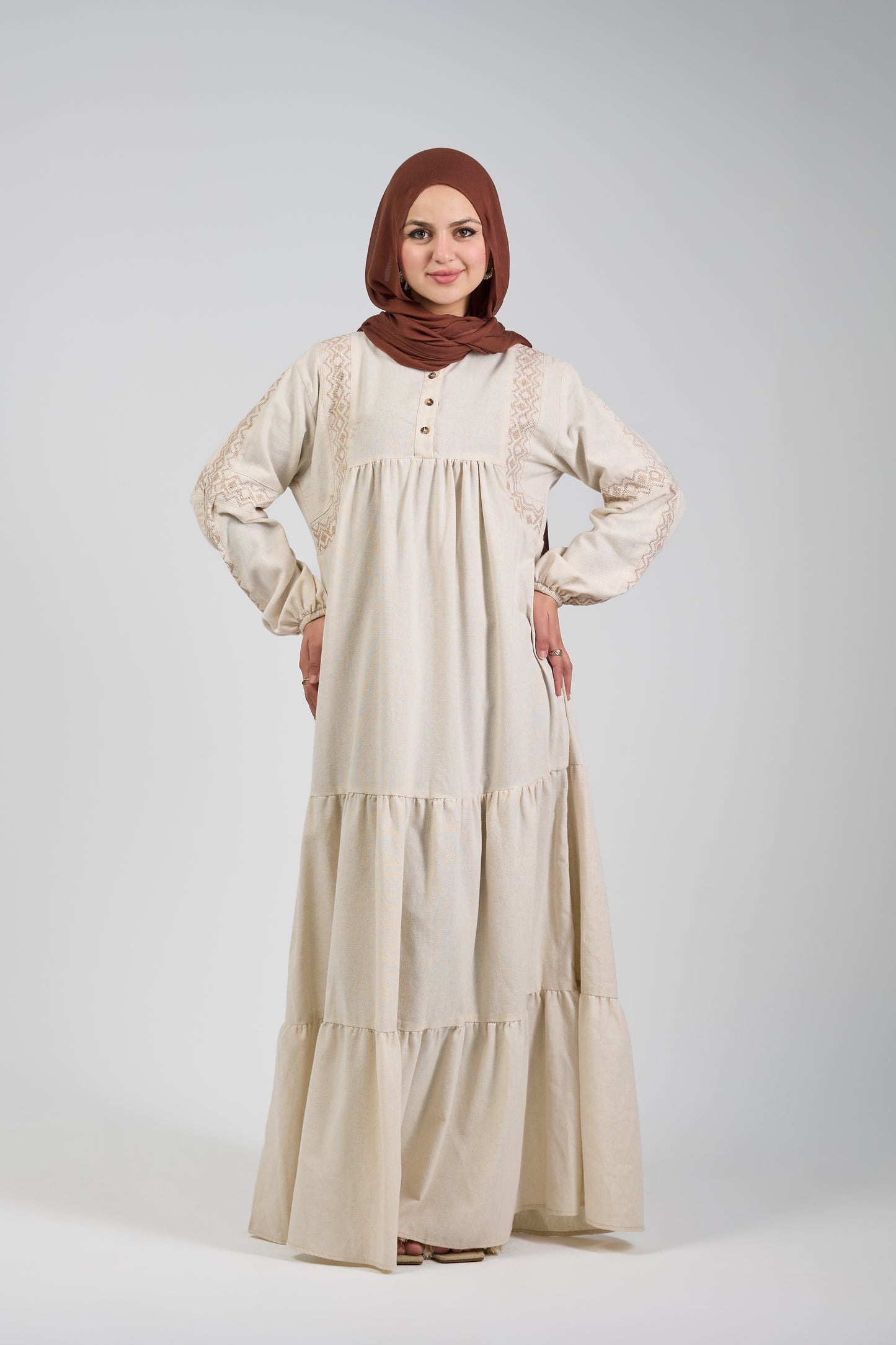 TAJ Embroidered Linen dress - Biege