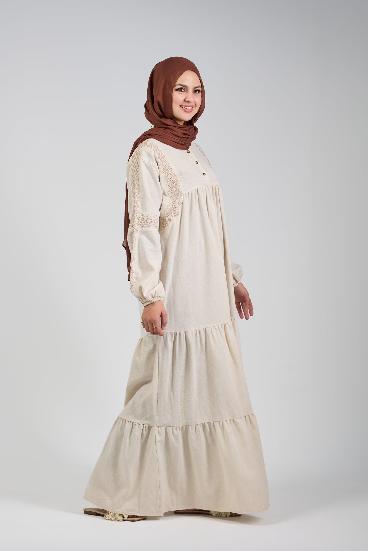 TAJ Embroidered Linen dress - Biege