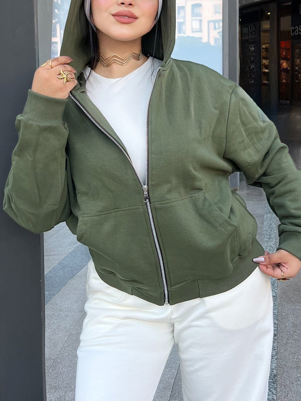 Taj Basic Zip Hoodie Sweatshirt - Olive Green