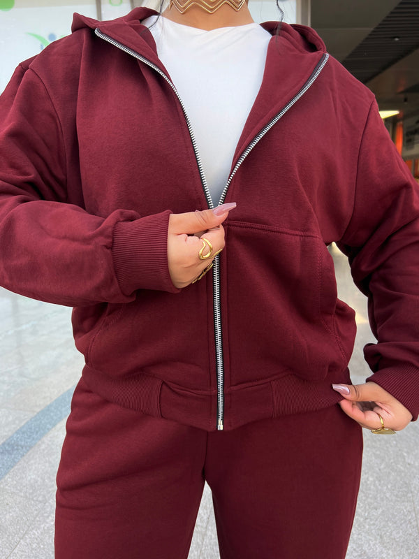 Taj Basic Zip Hoodie Sweatshirt  - Burgundy