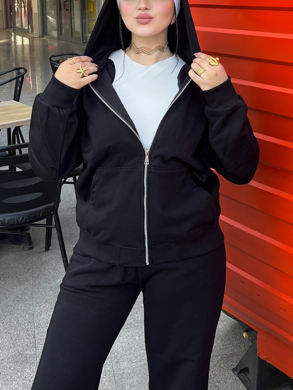 Taj Basic Zip Hoodie Sweatshirt  - Black